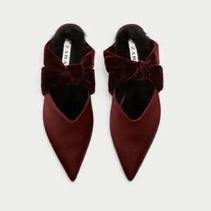 Zara Burgundy Velvet Bow Mules Pointed Toe Slides Size 36